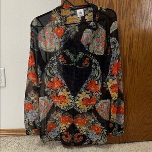 Cabi Navy Blue/Black Sheer Blouse with Floral Pattern